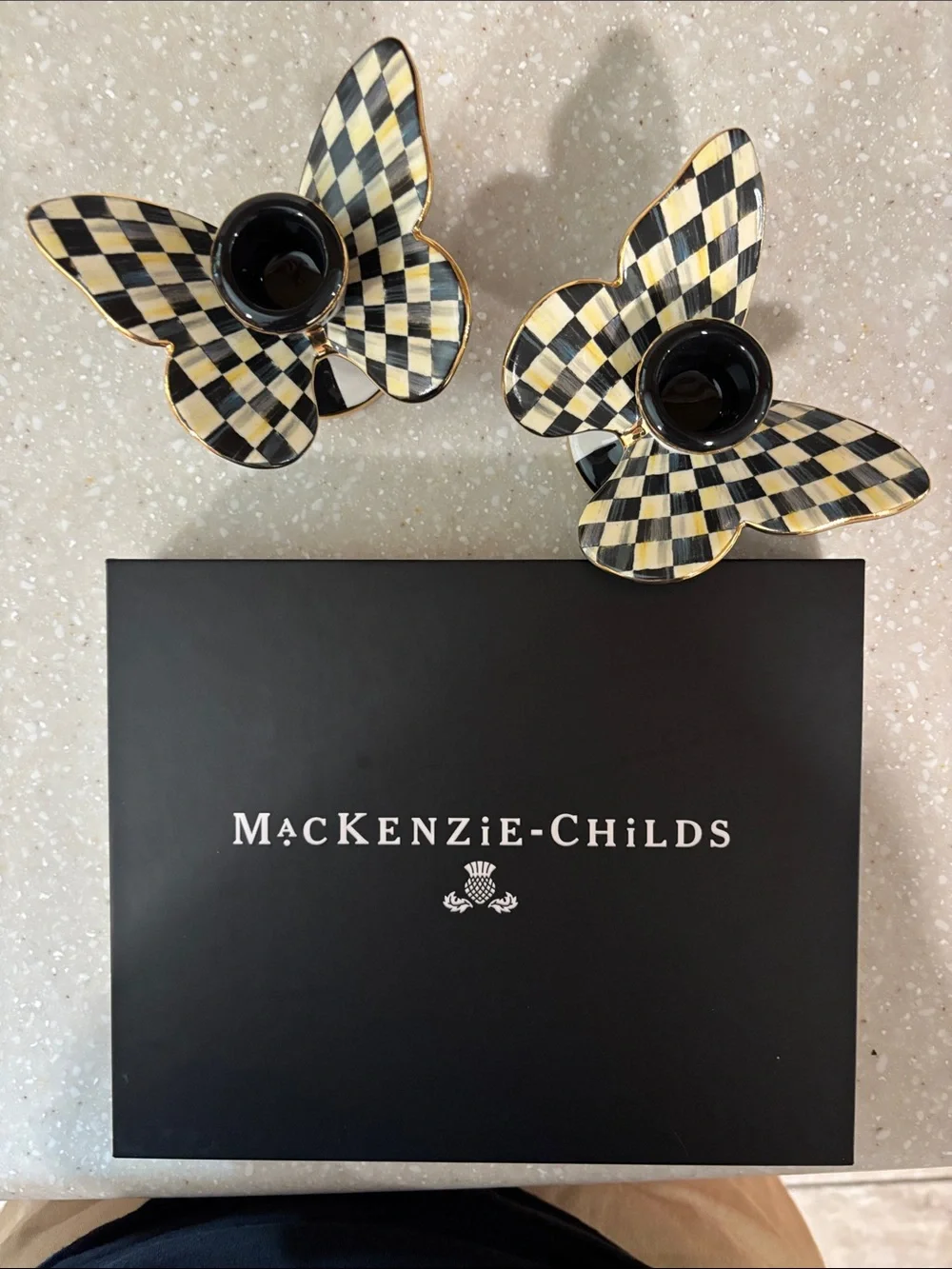 MacKenzie-Childs Checkered Butterfly Candleholders in Black & Cream